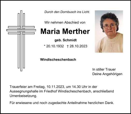 Traueranzeige Maria Merther, Windischeschenbach