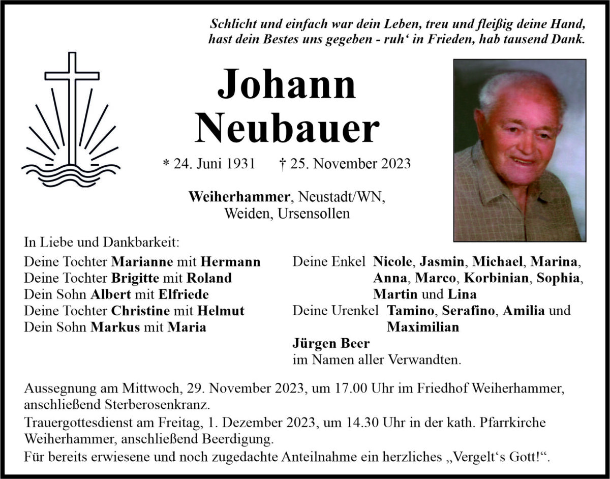 Traueranzeige Johann Neubauer, Weiherhammer