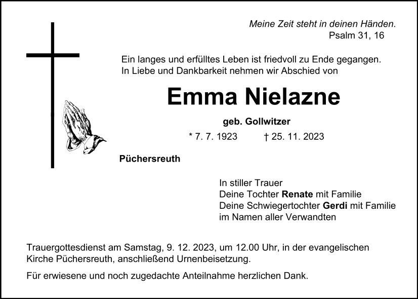 Traueranzeige Emma Nielazne, Püchersreuth