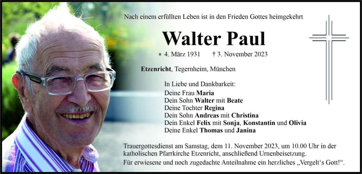 Traueranzeige Paul Walter, Etzenricht