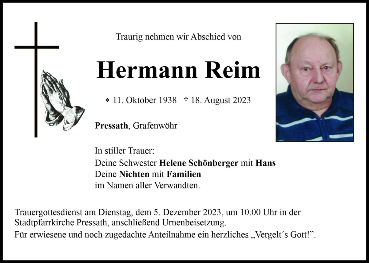 Traueranzeige Hermann Reim, Pressath