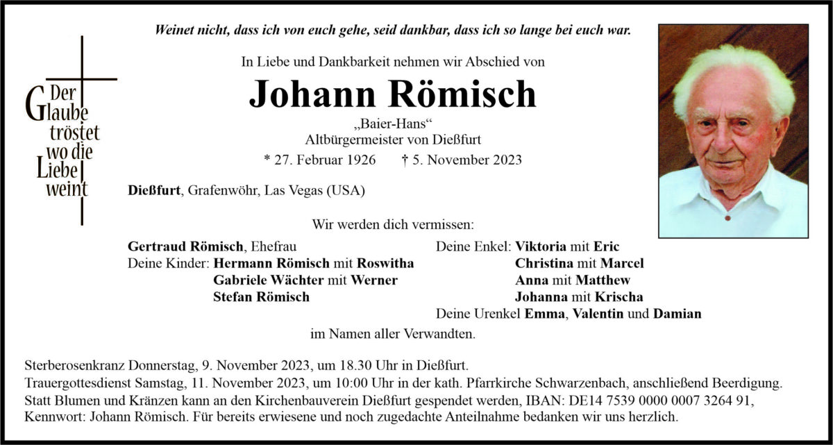 Traueranzeige Johann Römisch, Dießfurt