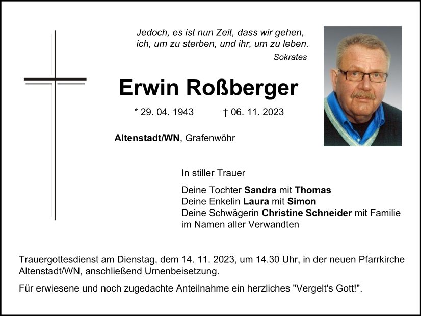 Traueranzeige Erwin Roßberger, Altenstadt/WN