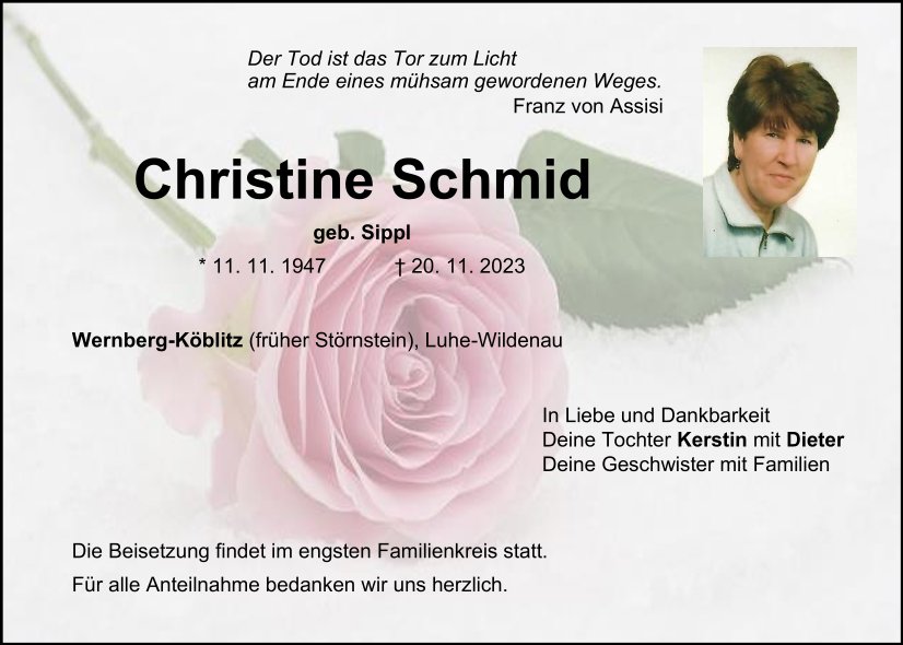 Traueranzeige Christine Schmid, Wernberg-Köblitz