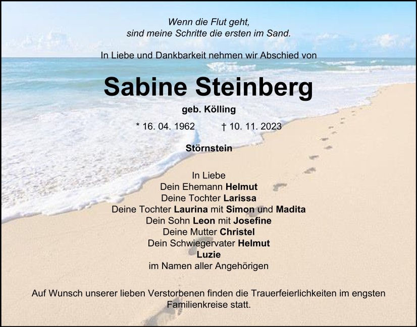 Traueranzeige Sabine Steinberg, Störnstein