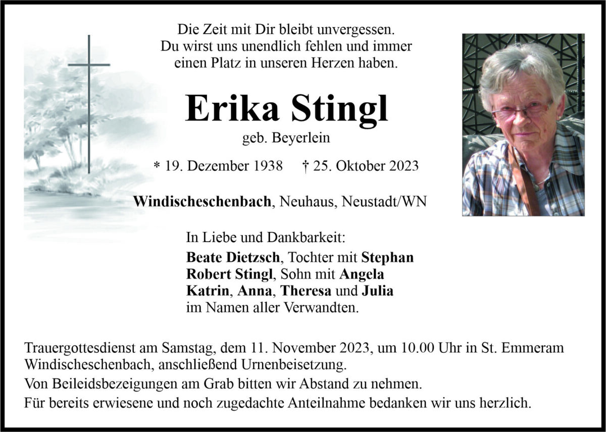 Traueranzeige Erika Stingl, Windischeschenbach