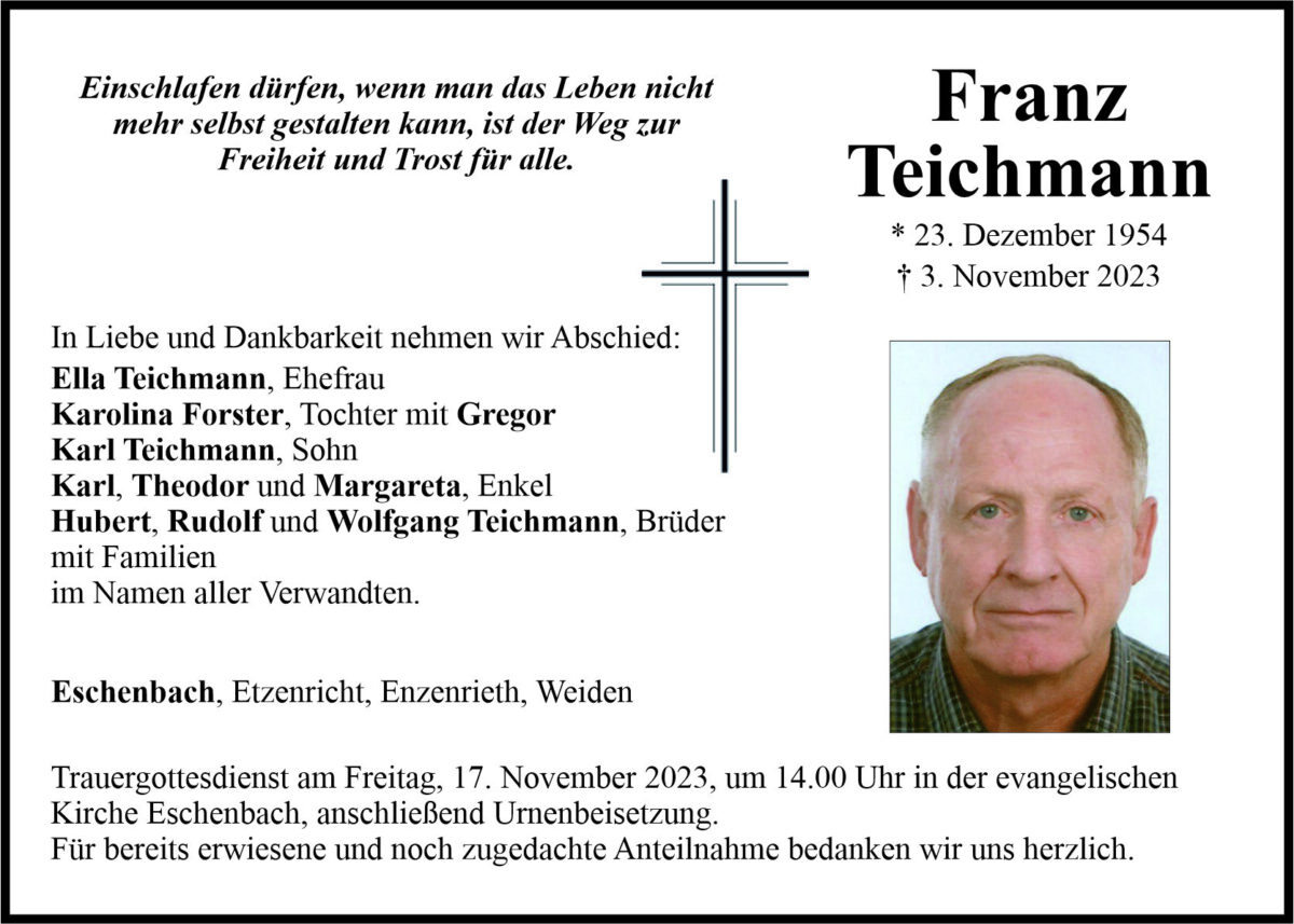 Traueranzeige Franz Teichmann, Eschenbach