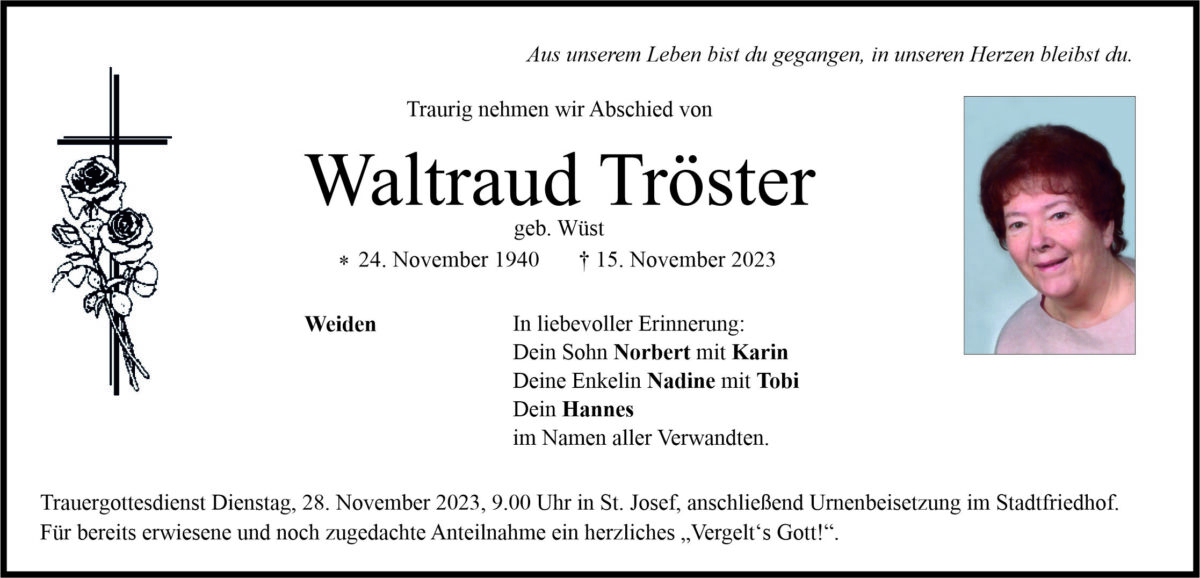 Traueranzeige Waltraud Tröster, Weiden