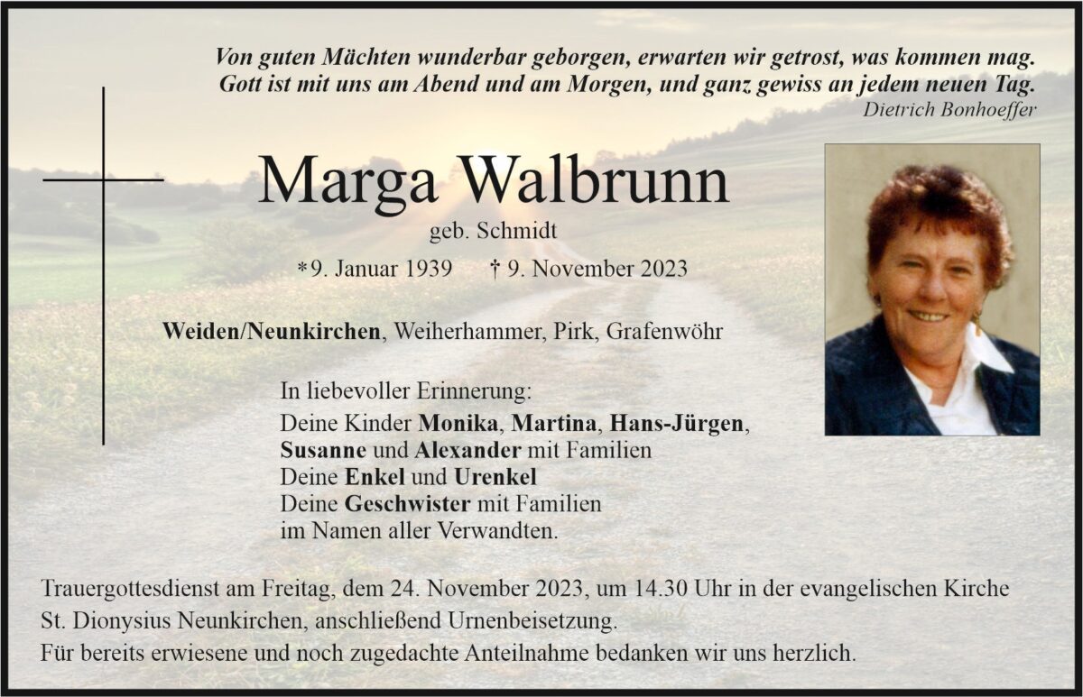 Traueranzeige Marga Walbrunn, Weiden/Neunkirchen