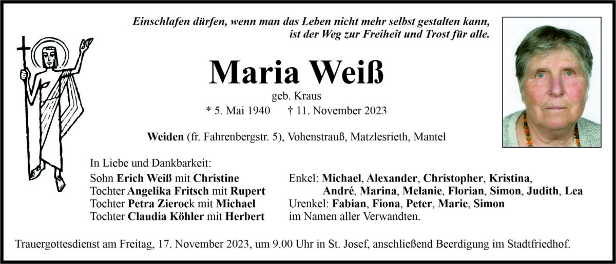 Traueranzeige Maria Weiß, Weiden