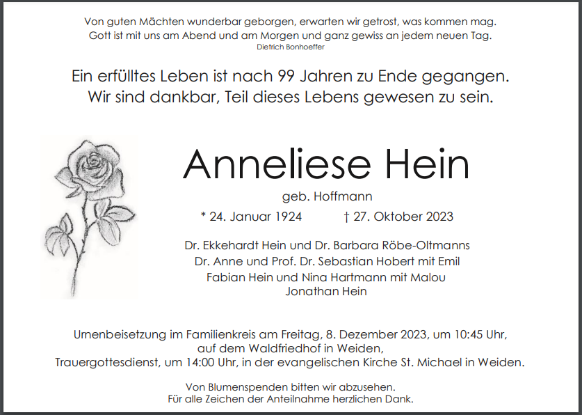 Traueranzeige Anneliese Hein, Weiden