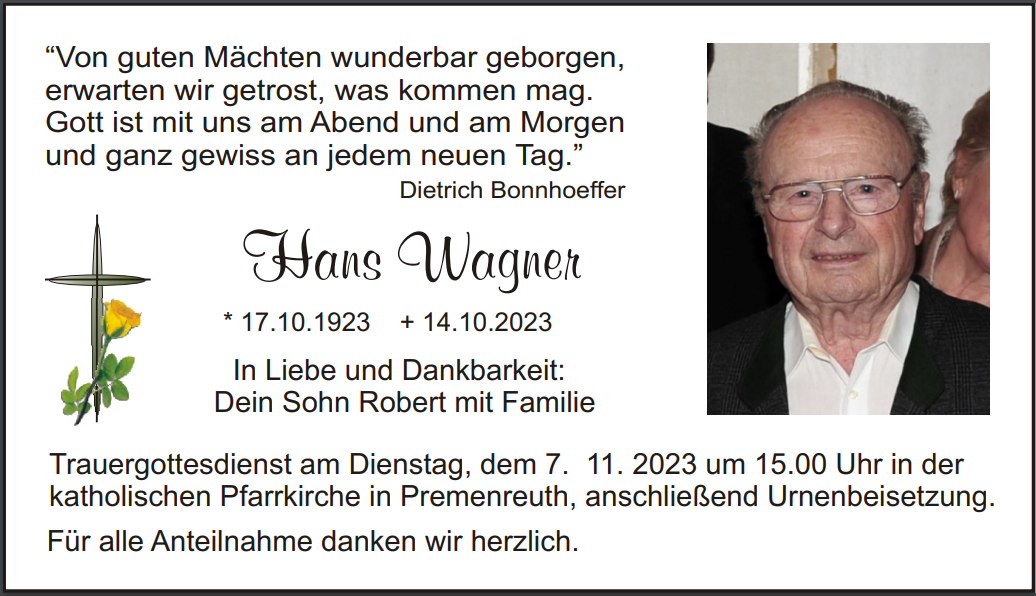 Traueranzeige Hans Wagner, Premenreuth