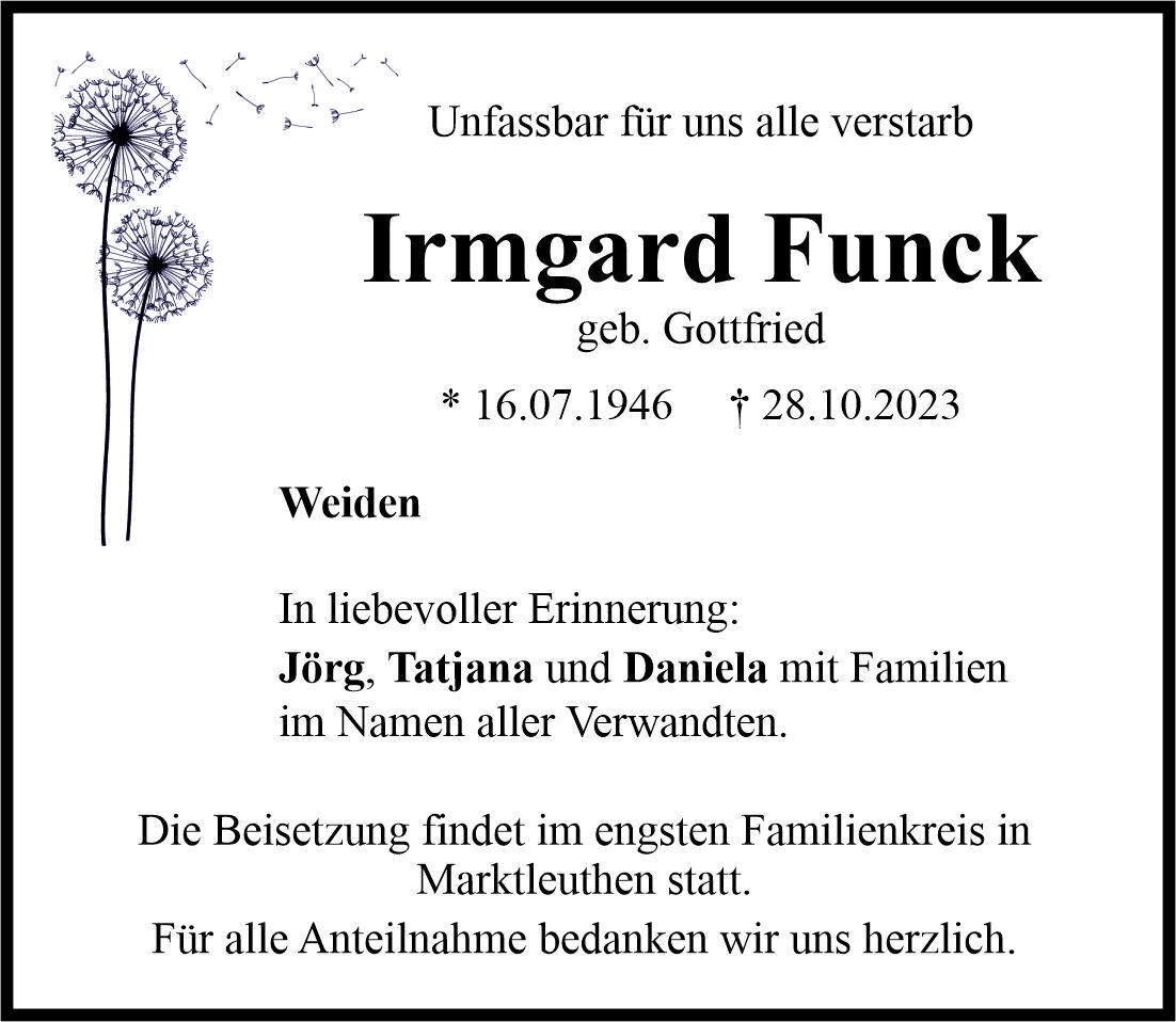 Traueranzeige Irmgard Funck, Weiden