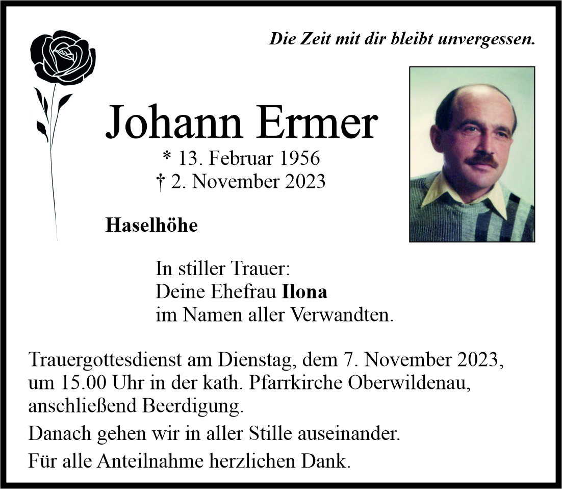 Traueranzeige Johann Ermer, Haselhöhe