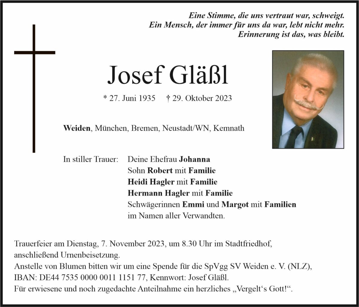 Traueranzeige Josef Gläßl, Weiden