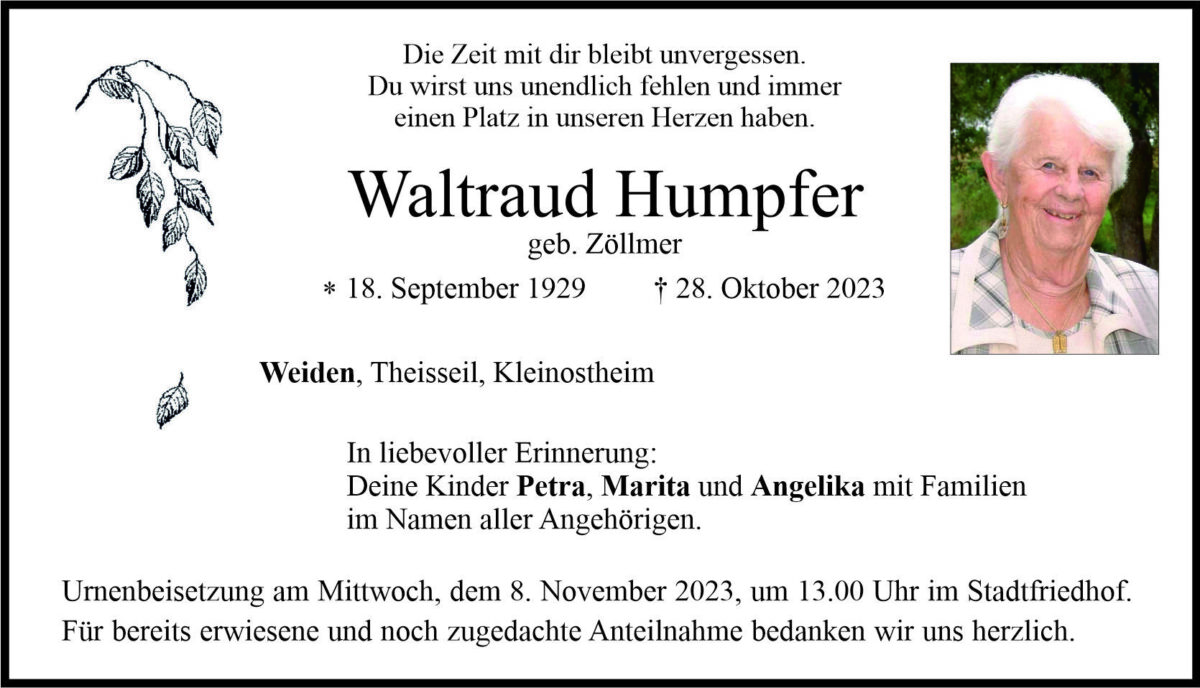 Traueranzeige Waltraud Humpfer, Weiden