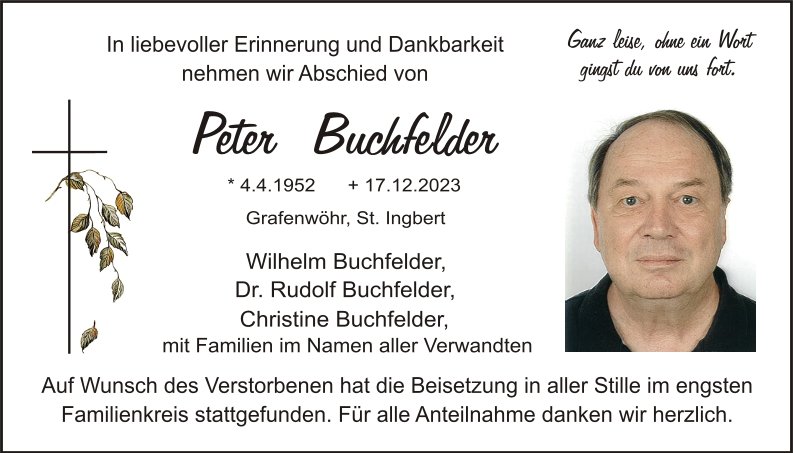 Traueranzeige Peter Buchfelder, Grafenwöhr