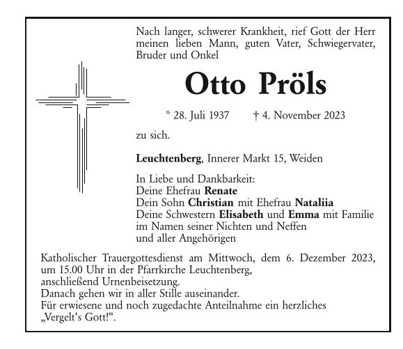 Traueranzeige Otto Pröls, Leuchtenberg