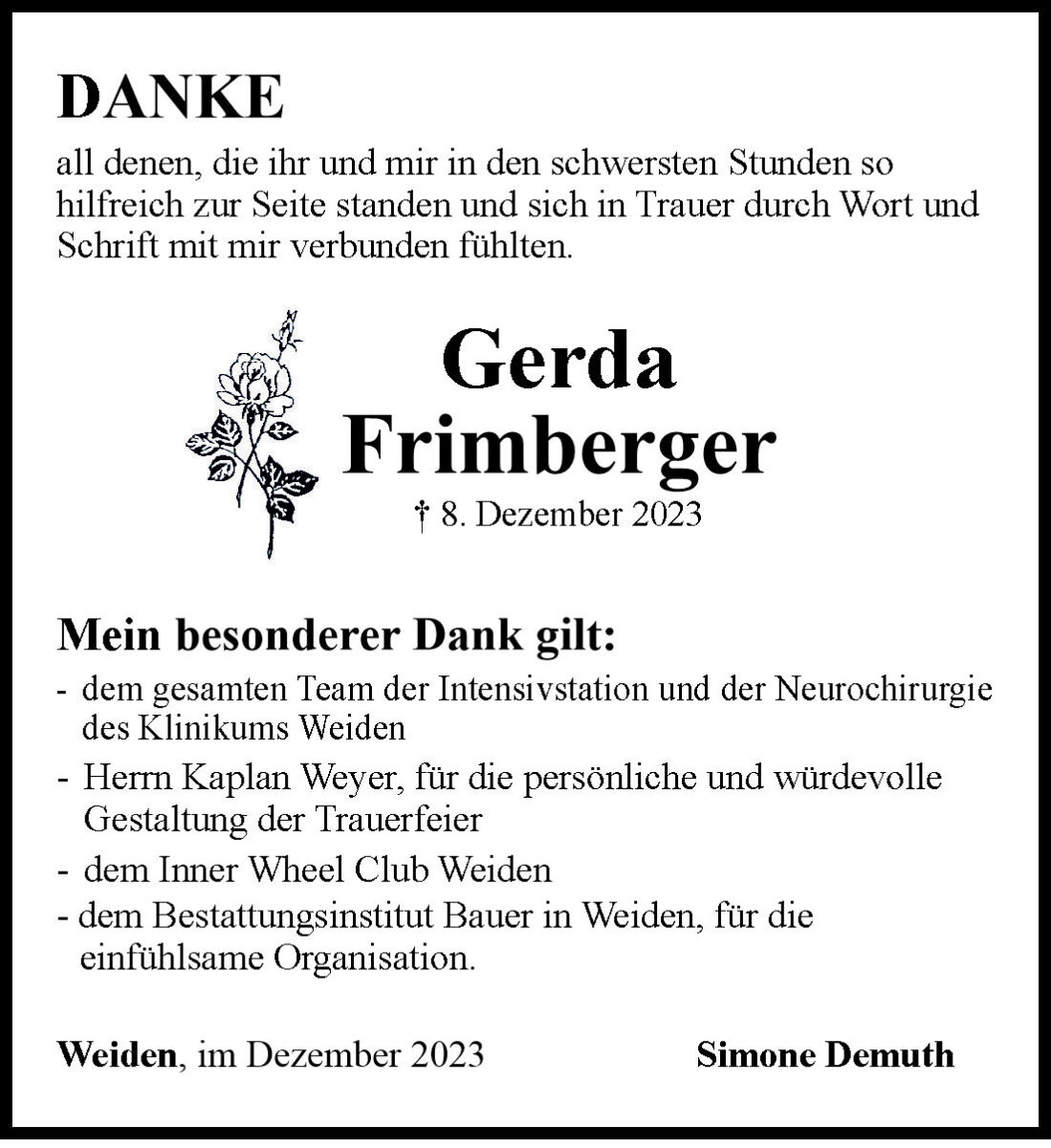 Danksagung Gerda Frimberger, Weiden