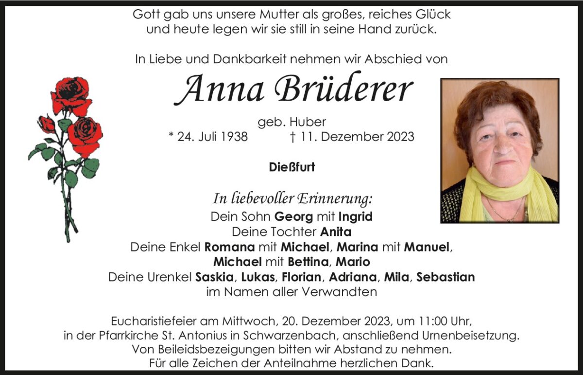 Todesanzeige Anna Brüderer, Dießfurt