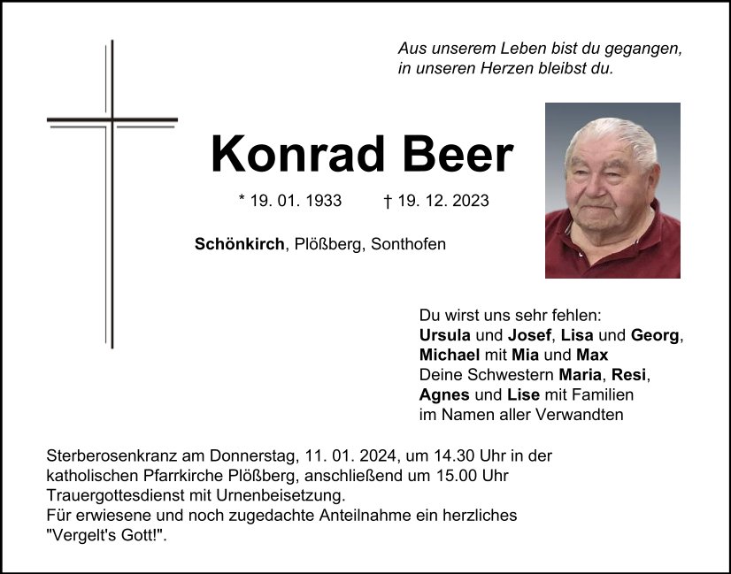 Traueranzeige Konrad Beer, Schönkirch