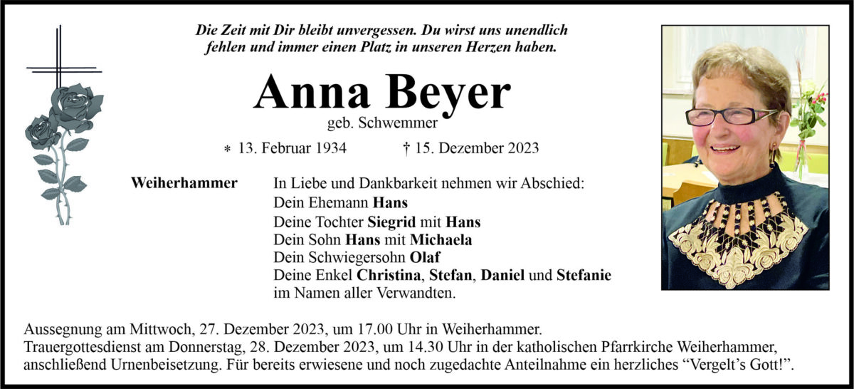 Traueranzeige Anna Beyer, Weiherhammer