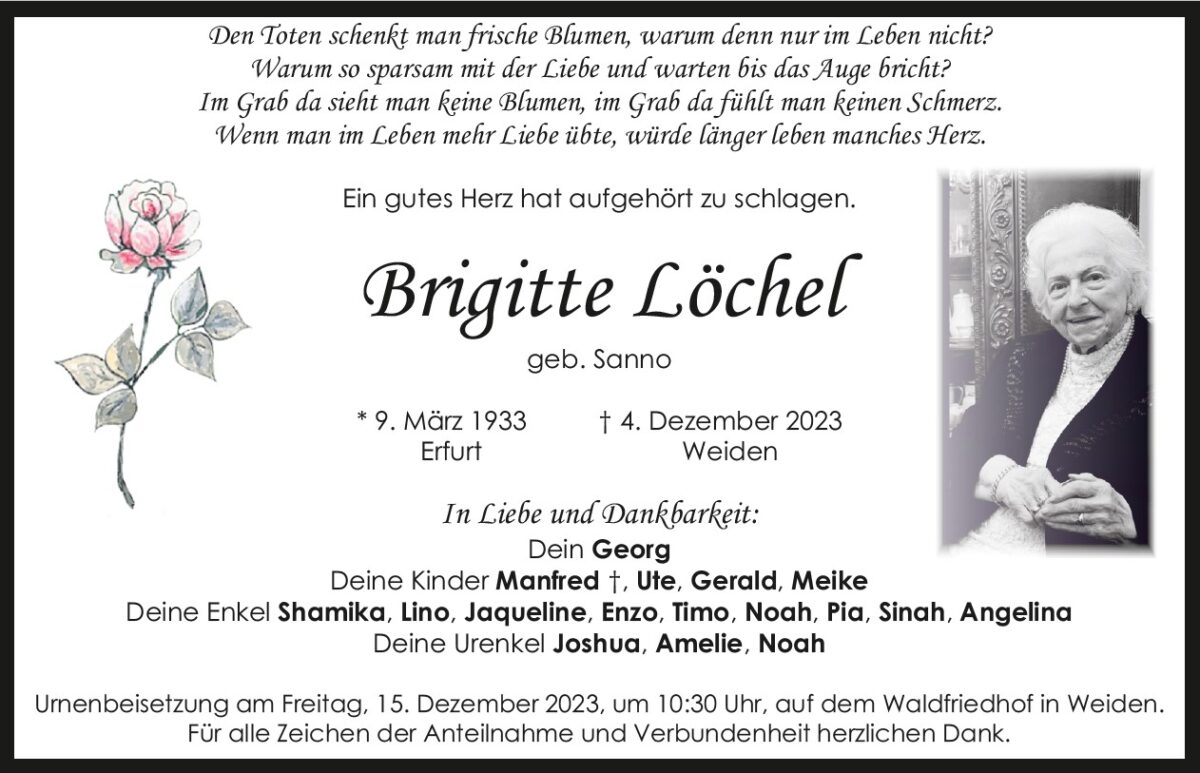 Traueranzeige Brigitte Löchel, Weiden