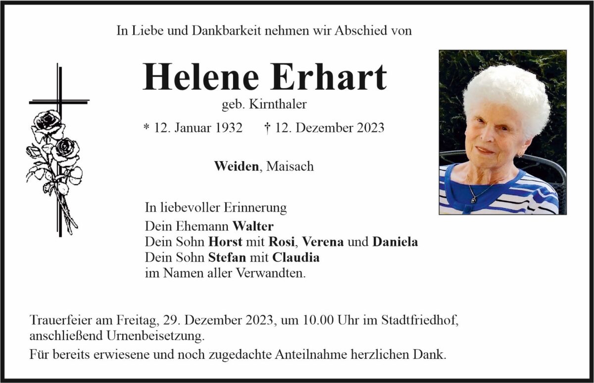 Traueranzeige Helene Erhart, Weiden