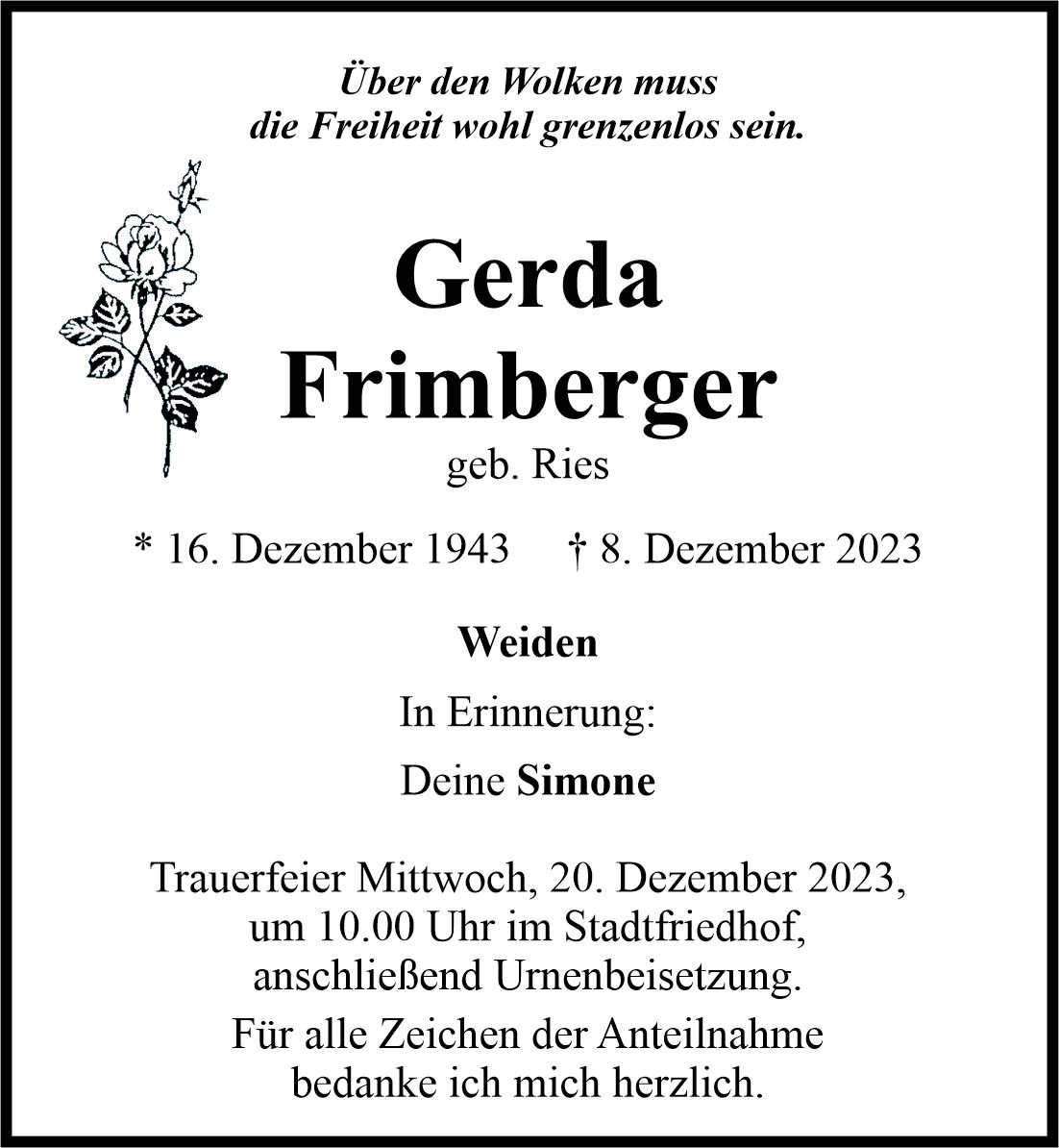 Traueranzeige Gerda Frimberger, Weiden