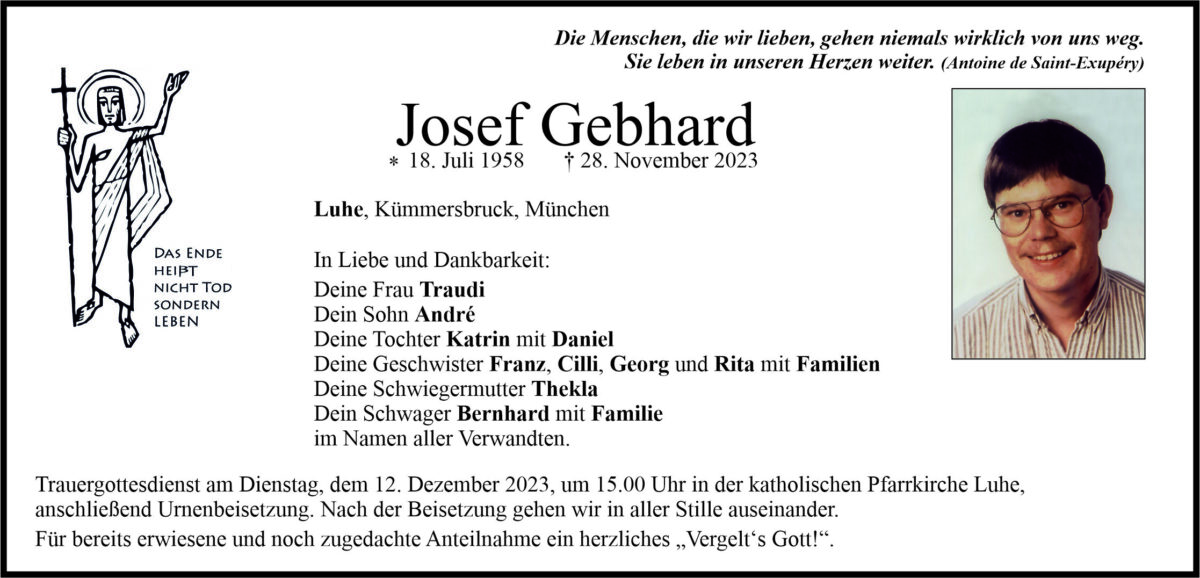 Traueranzeige Josef Gebhard, Luhe