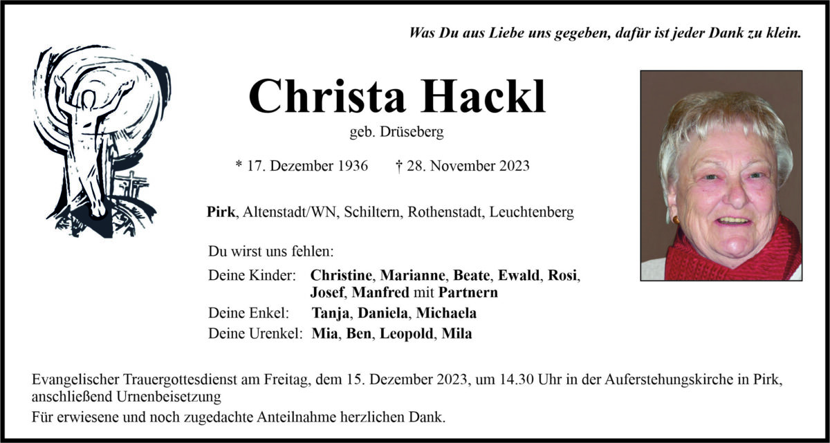 Traueranzeige Christa Hackl, Pirk