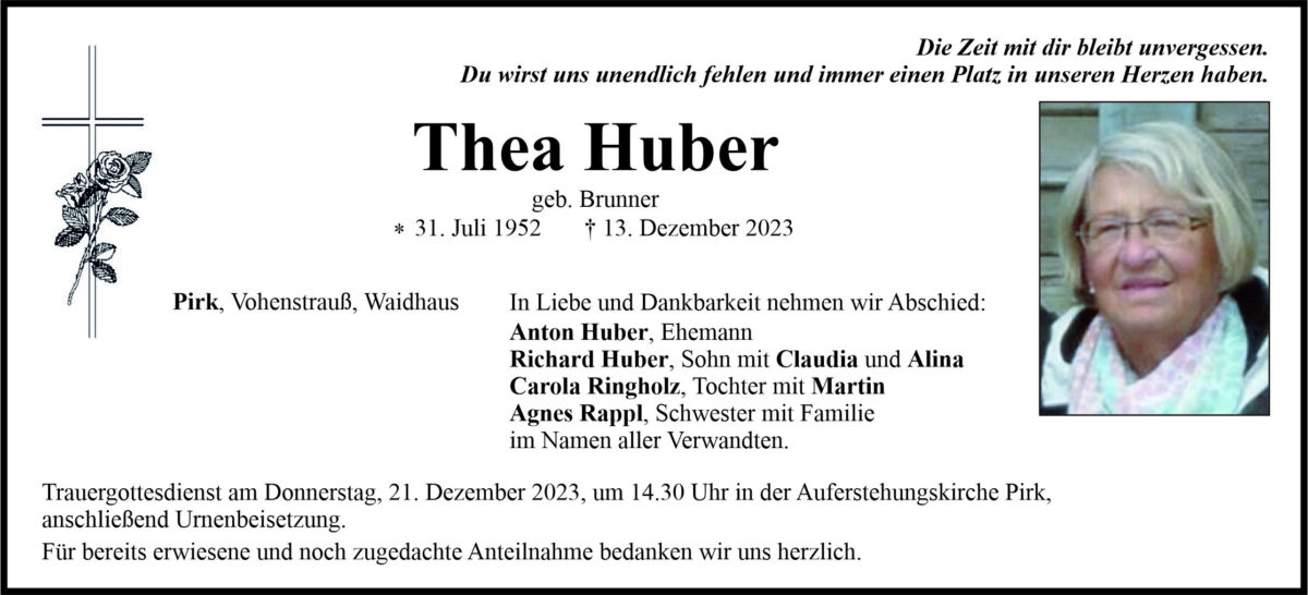 Traueranzeige Thea Huber, Pirk