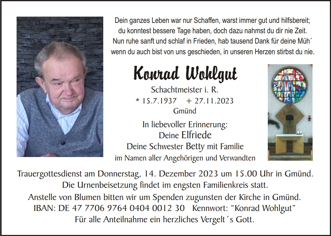 Traueranzeige Konrad Wohlgut, Gmünd