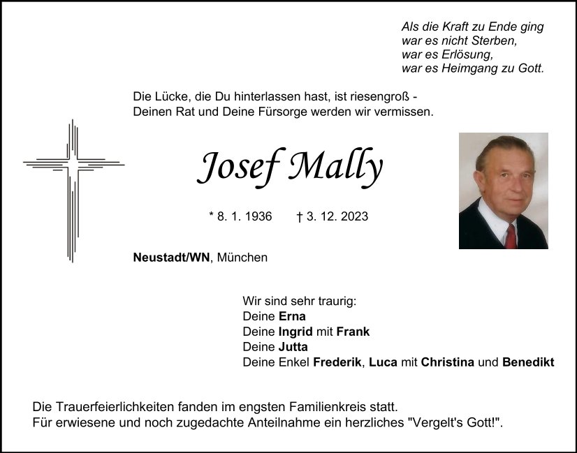 Traueranzeige Josef Mally, Neustadt/WN