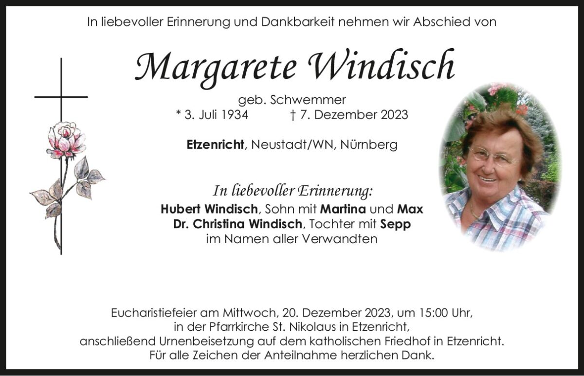 Traueranzeige Margarete Windisch, Etzenricht