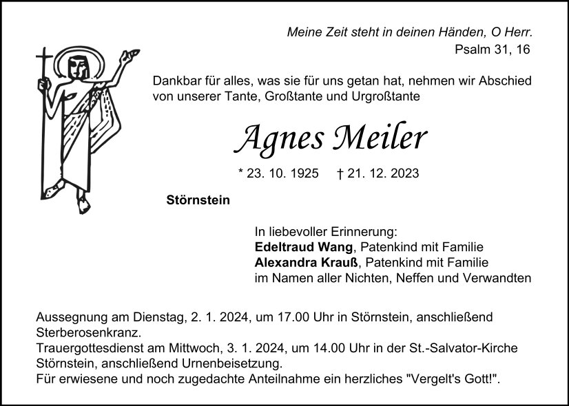 Traueranzeige Agnes Meiler, Störnstein