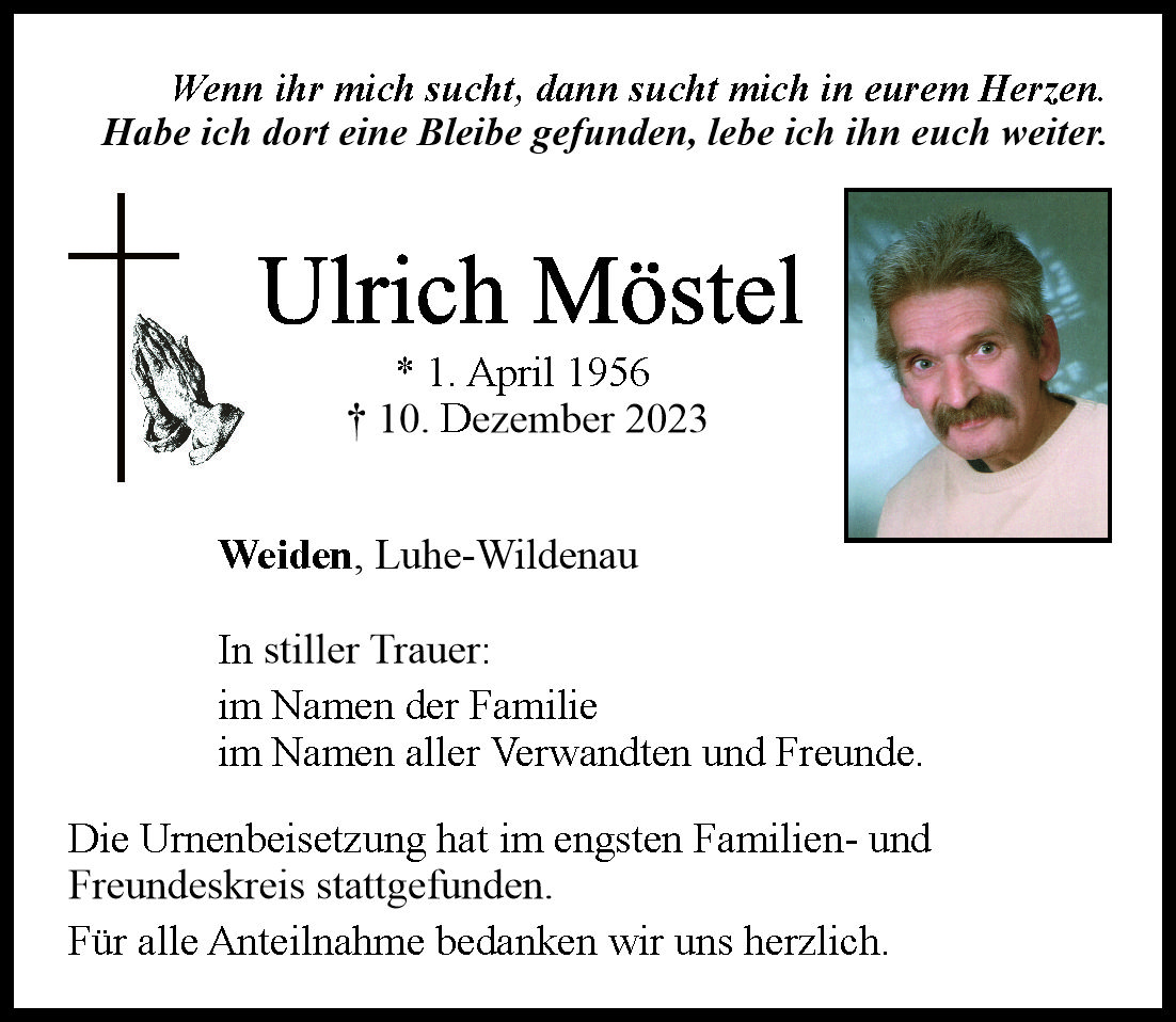 Traueranzeige Ulrich Möstel, Weiden