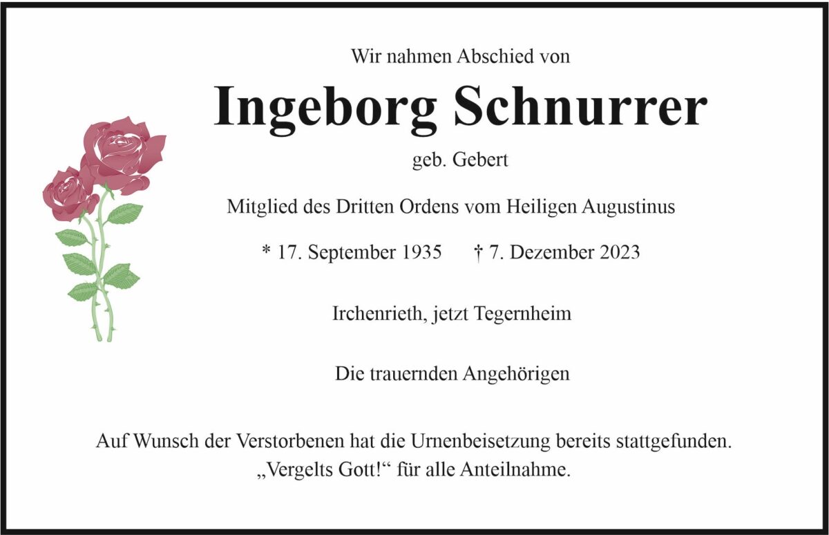 Traueranzeige Ingeborg Schnurrer, Irchenrieth