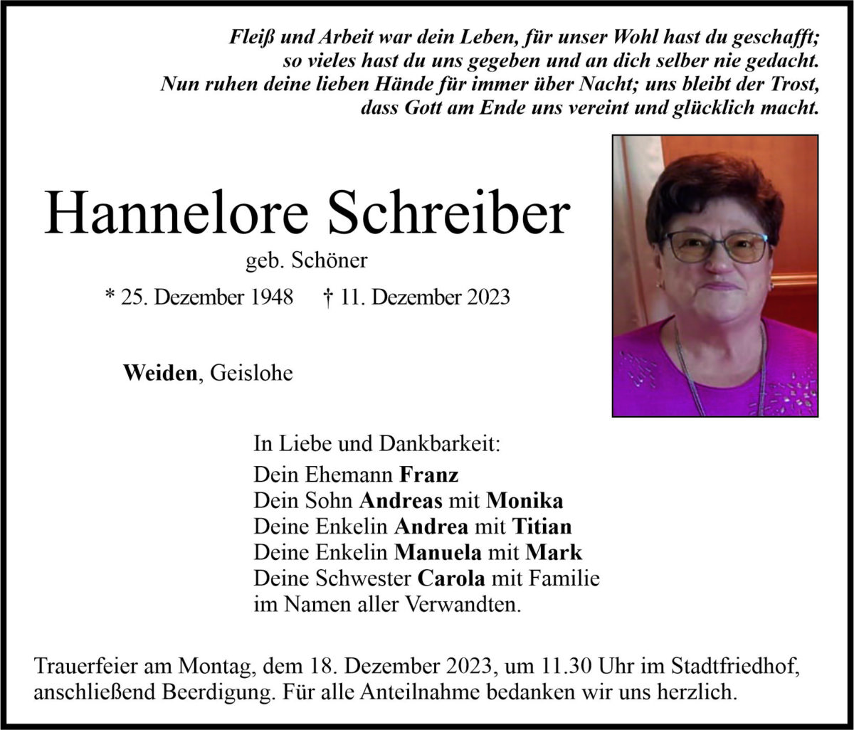 Traueranzeige Hannelore Schreiber, Weiden