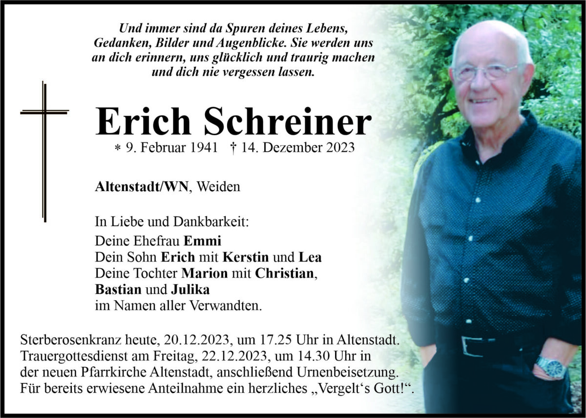 Traueranzeige Erich Schreiner, Altenstadt/WN
