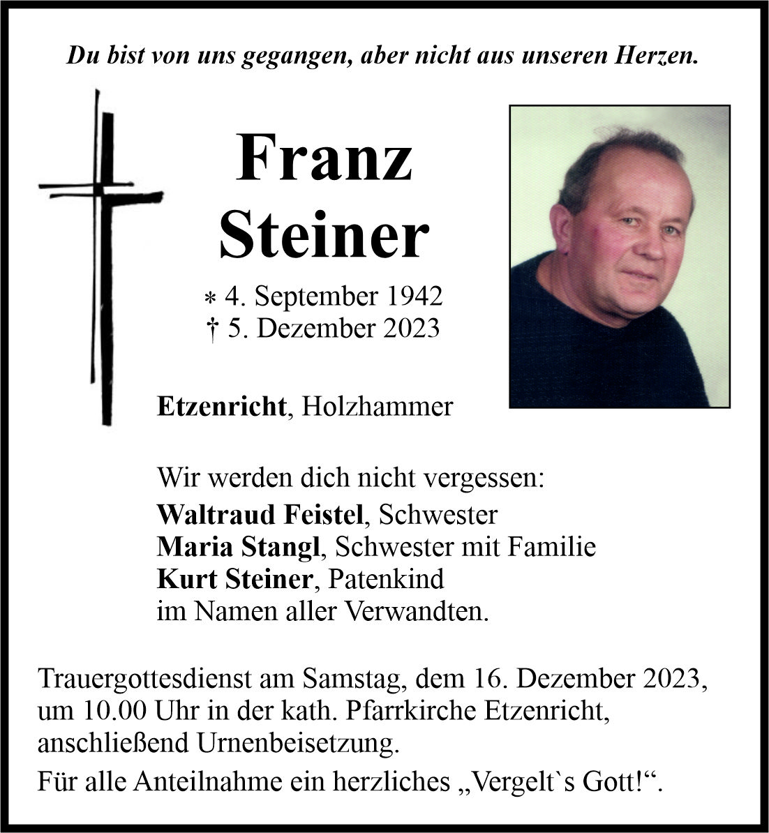 Traueranzeige Franz Steiner, Etzenricht