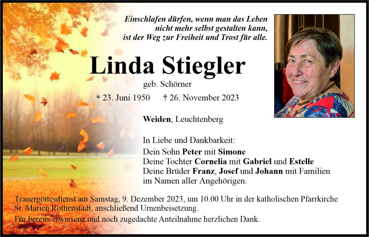 Traueranzeige Linda Stiegler, Weiden