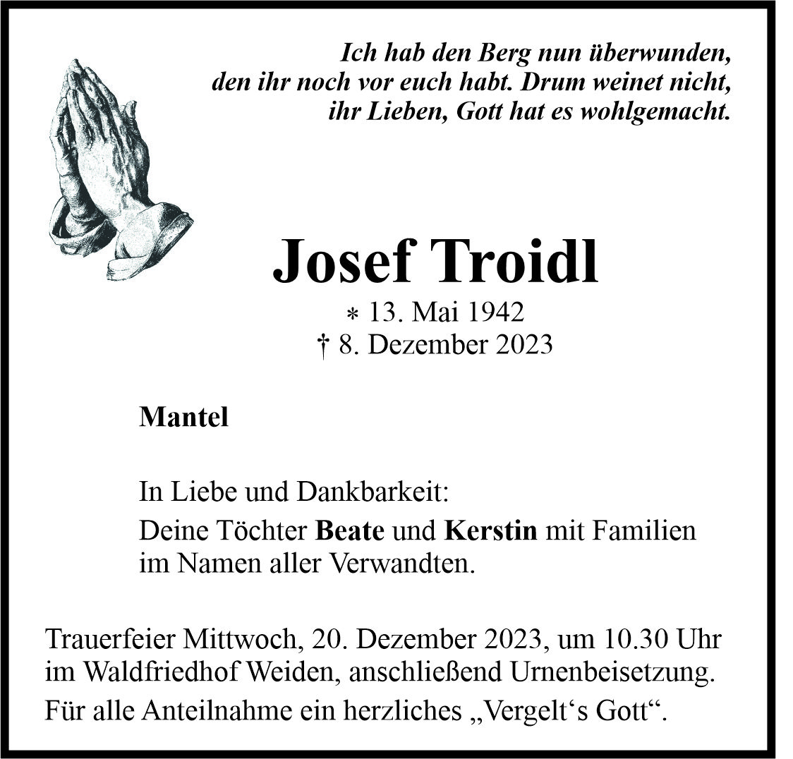 Traueranzeige Josef Troidl, Mantel