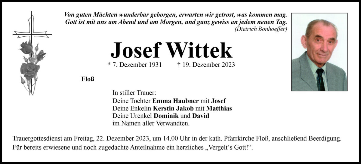 Traueranzeige Josef Wittek, Floß