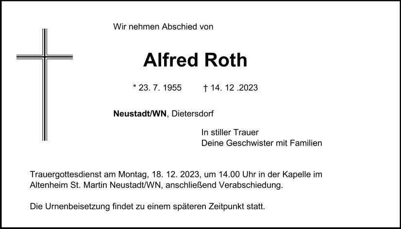 Traueranzeige Alfred Roth, Neustadt/WN