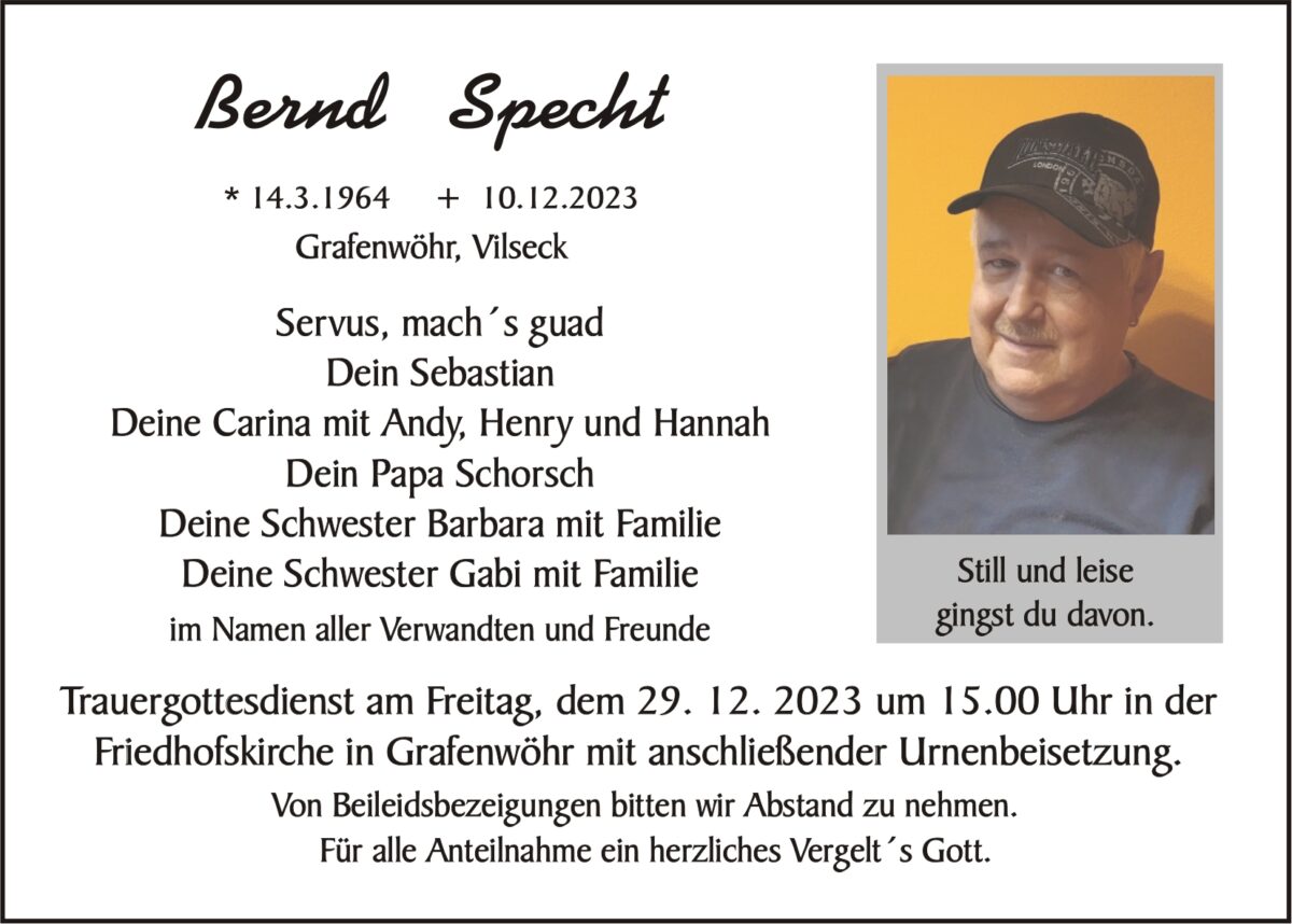 Traueranzeige Bernd Specht, Grafenwöhr