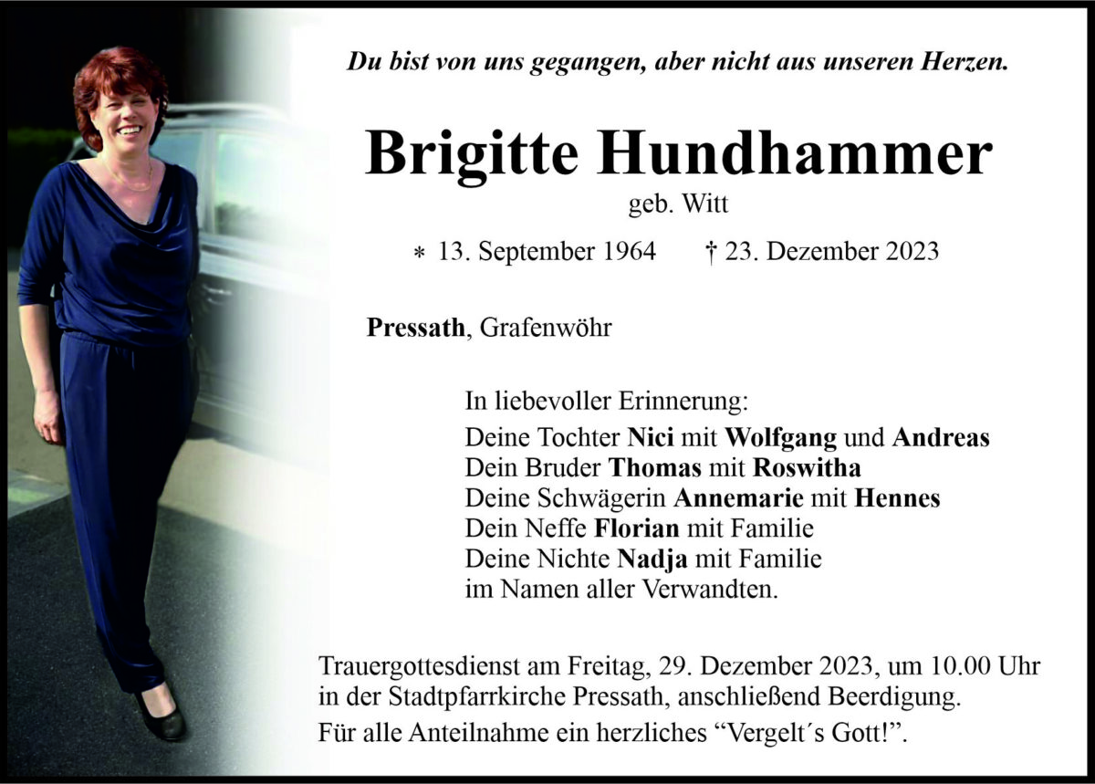 Traueranzeige Brigitte Hundhammer, Pressath