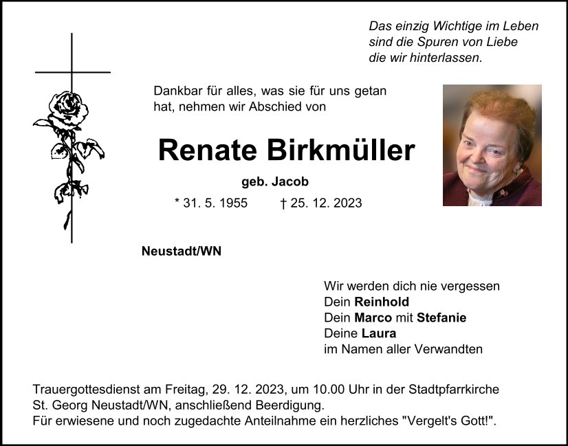 Traueranzeige Renate Birkmüller, Neustadt