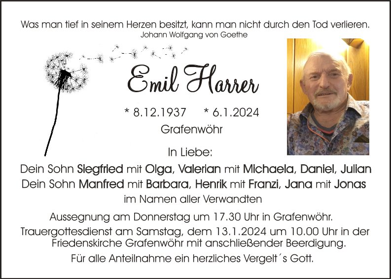 Traueranzeige Emil Harrer, Grafenwöhr