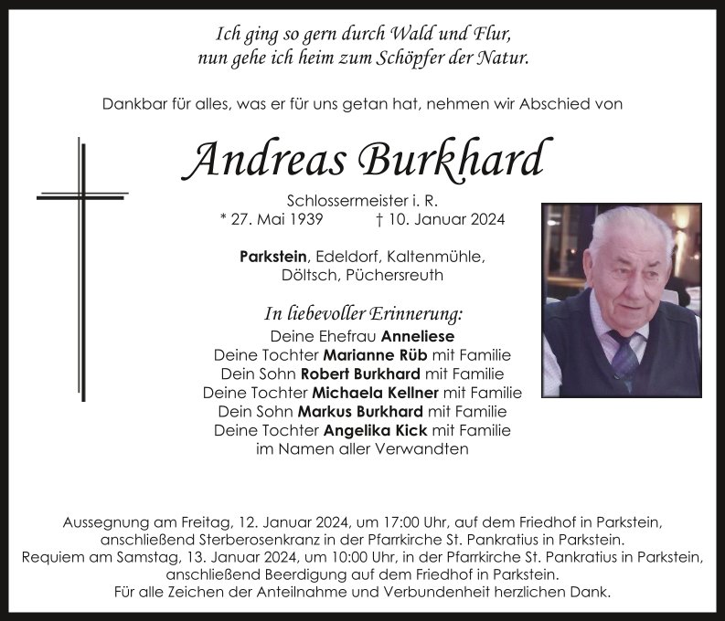 Traueranzeige Andreas Burkhard, Parkstein